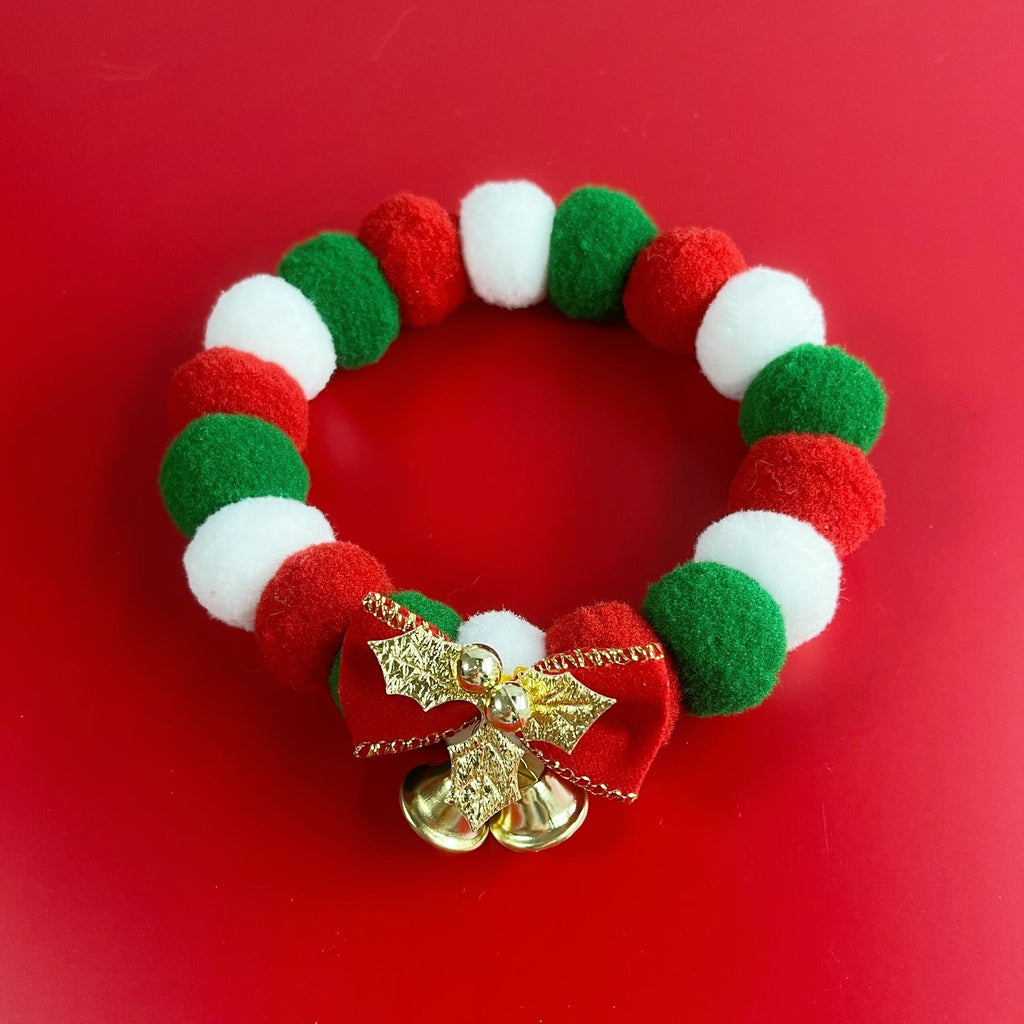 Christmas Cute Dog Cat Plush Ball Necklace Collar With Bow