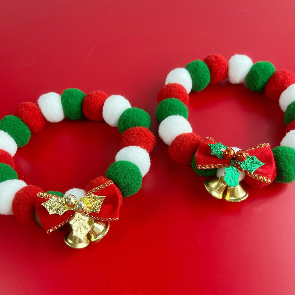 Christmas Cute Dog Cat Plush Ball Necklace Collar With Bow