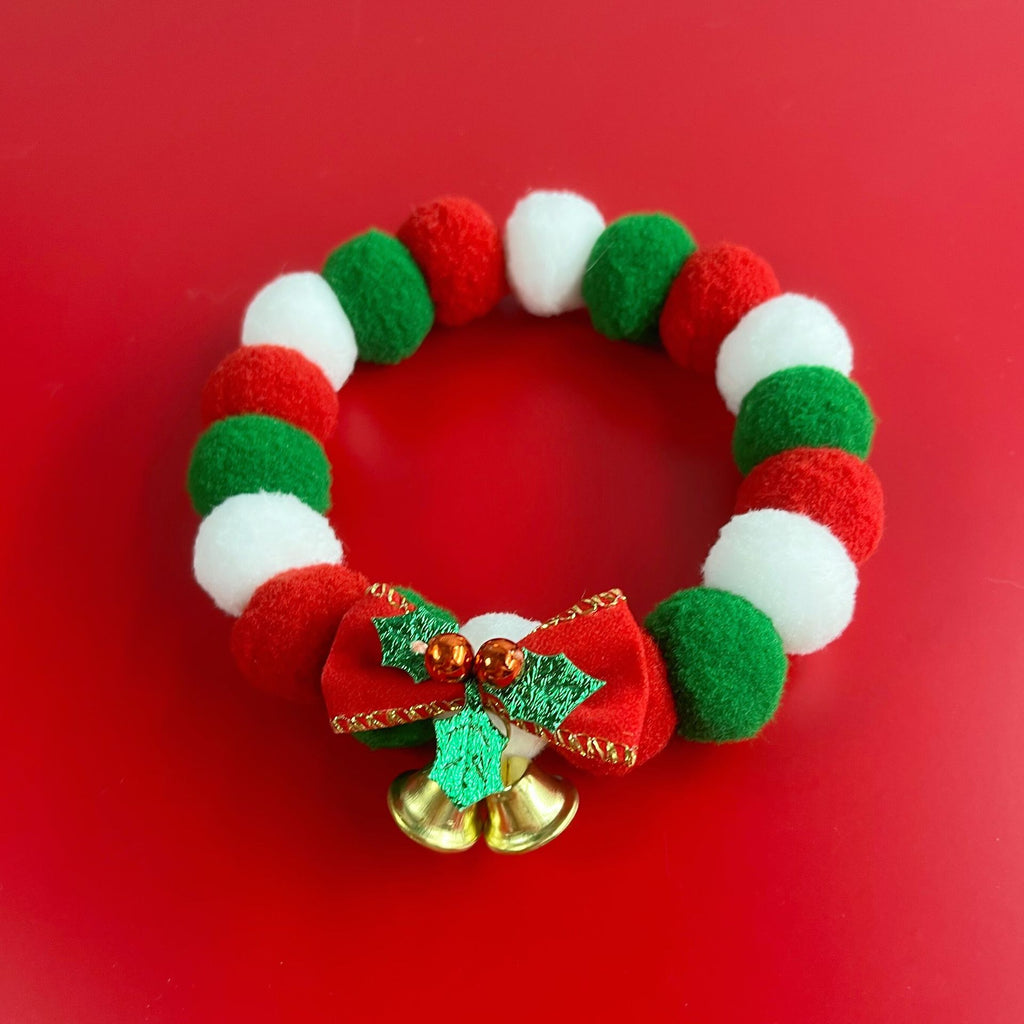 Christmas Cute Dog Cat Plush Ball Necklace Collar With Bow