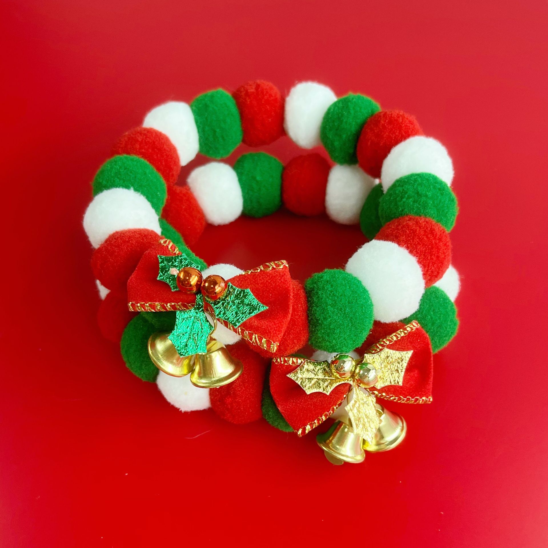 Christmas Cute Dog Cat Plush Ball Necklace Collar With Bow